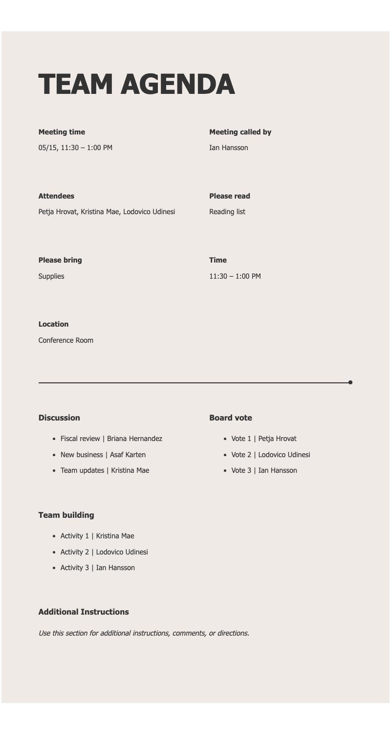 Headlines team agenda - Elegant meeting agenda template with clean sections for discussion topics and team activities.
